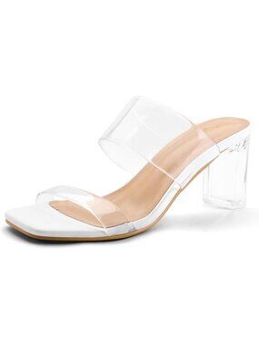 Women's White Transparent Two Strap Block Chunky Square Heel Sandals Open Toe